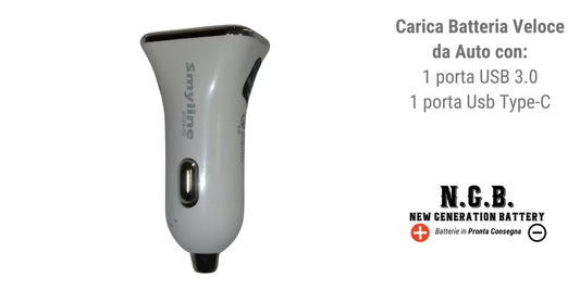 Caricatore Usb Veloce da Auto con 1 Porta Usb 3.0 e 1 porta USB Type C