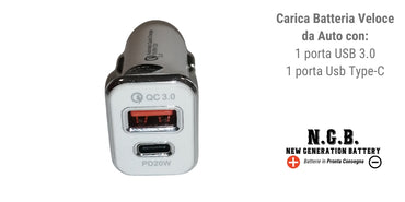 Caricatore Usb Veloce da Auto con 1 Porta Usb 3.0 e 1 porta USB Type C