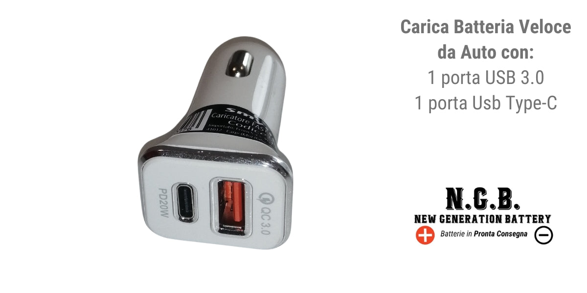 Caricatore Usb Veloce da Auto con 1 Porta Usb 3.0 e 1 porta USB Type C