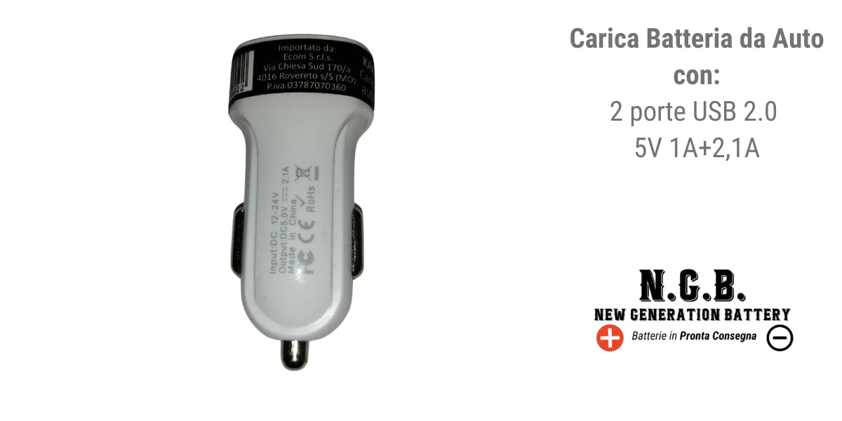 Carica Batteria da Auto con 2 Porte USB 2.0  5V 1A+2,1A